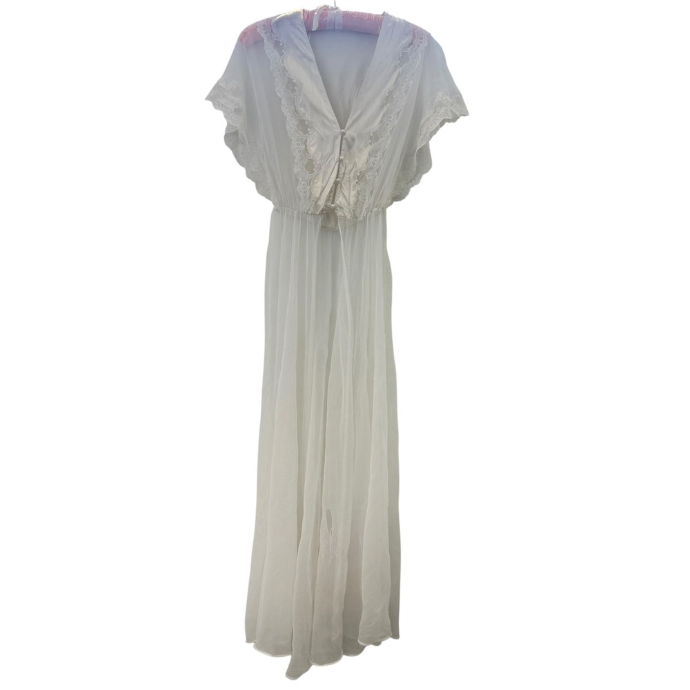 Val Mode Bridal Lace Nightgown Pearl Button Vintage Medium White 1990s